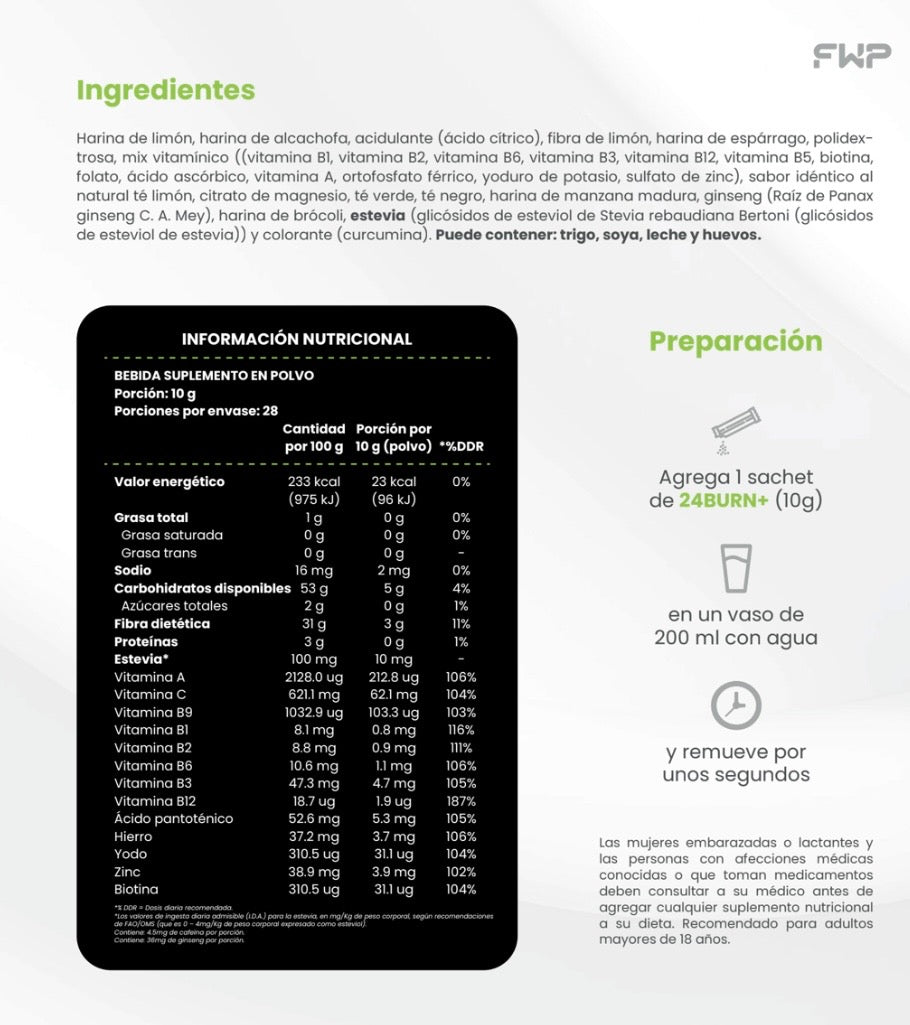 Ingredientes e información nutricional de 24BURN+