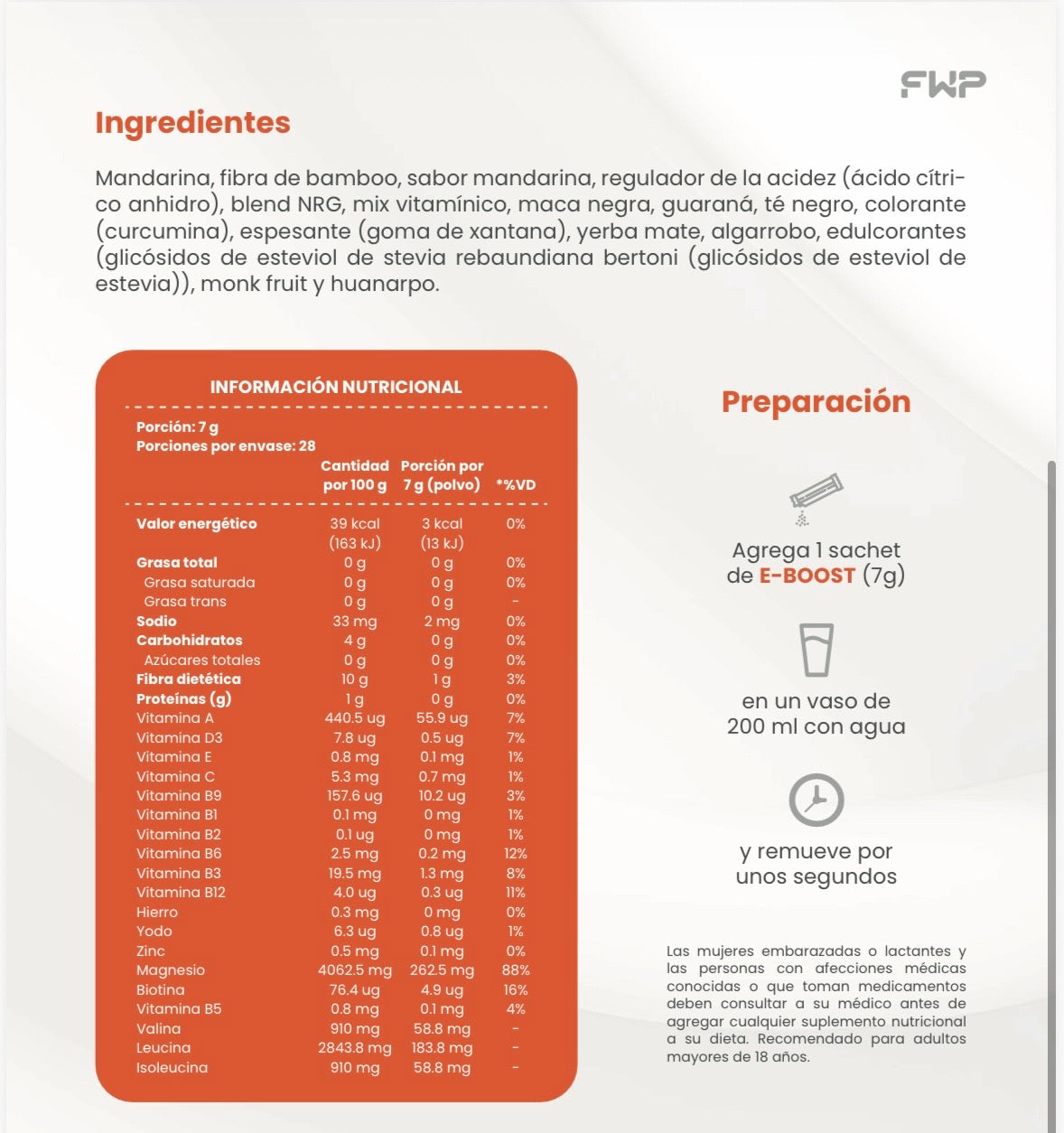 Ingredientes e información nutricional de E-BOOST